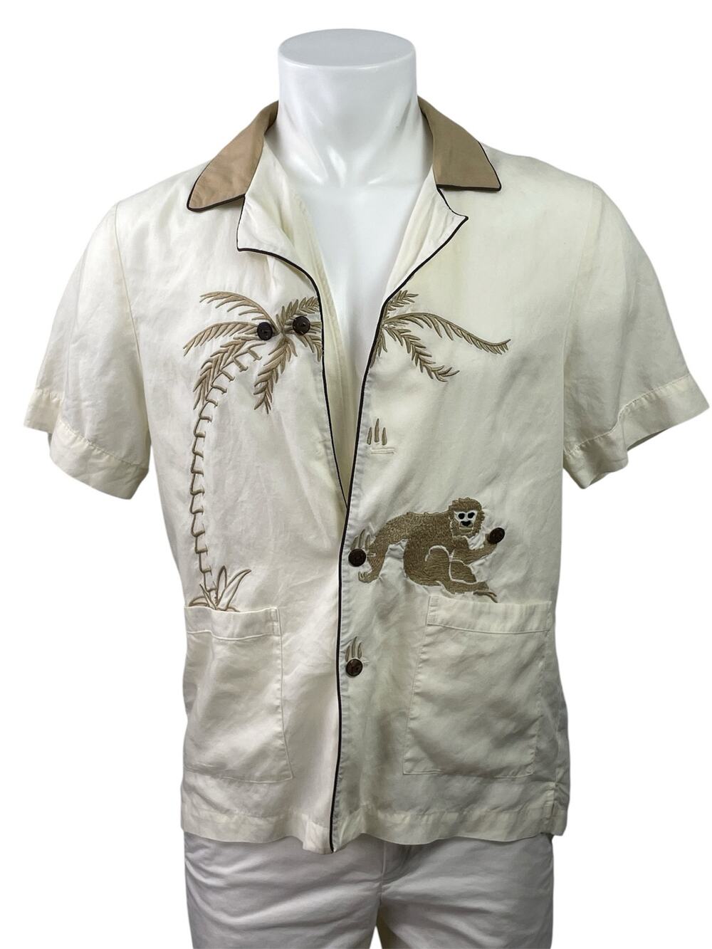 Tombolo Men's White Beige Embroidered Short Sleeve Button Down Shirt Top Size S